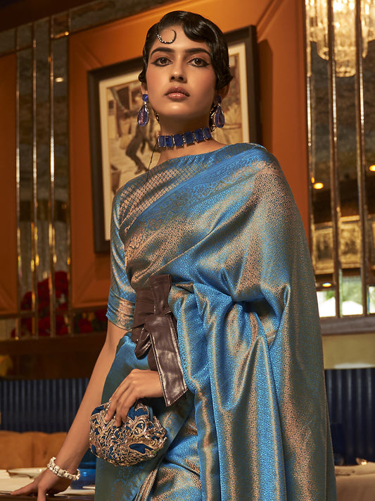 TEAL BLUE KUMBAL SILK SAREE