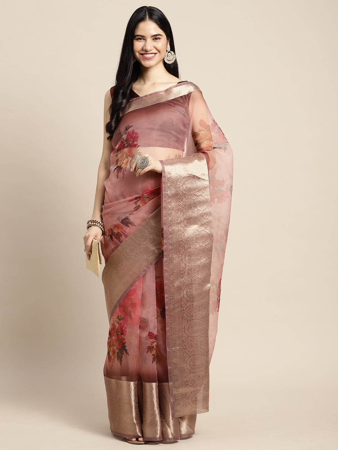 BROWN ROMATIC FLORAL ORGANZA