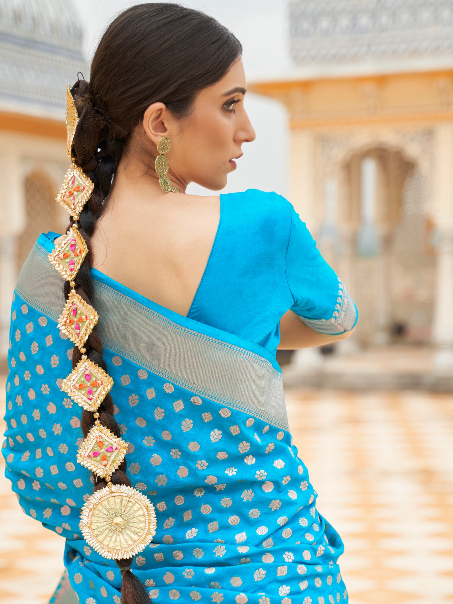TURQUOISE KHADI GEROGETTE SAREE
