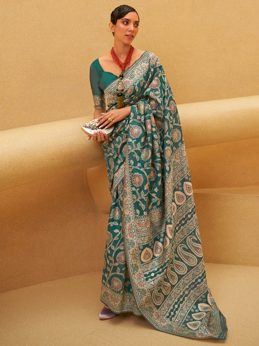 TEAL BLUE KITASHA  LUCKNOWI SILK