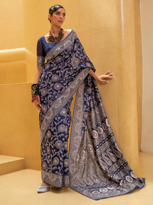 NAVY BLUE KITASHA  LUCKNOWI SILK