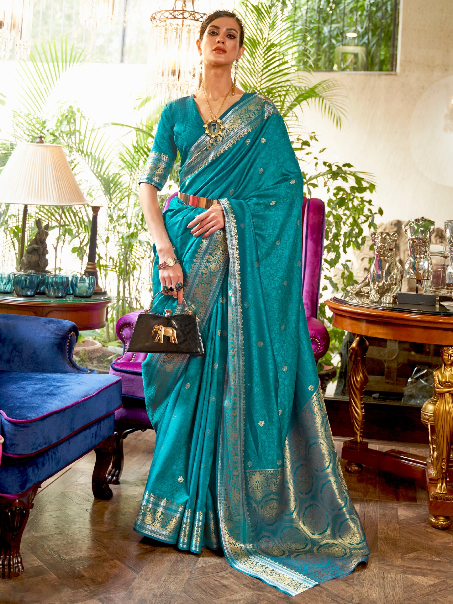 TEAL BLUE KALLAVI SILK