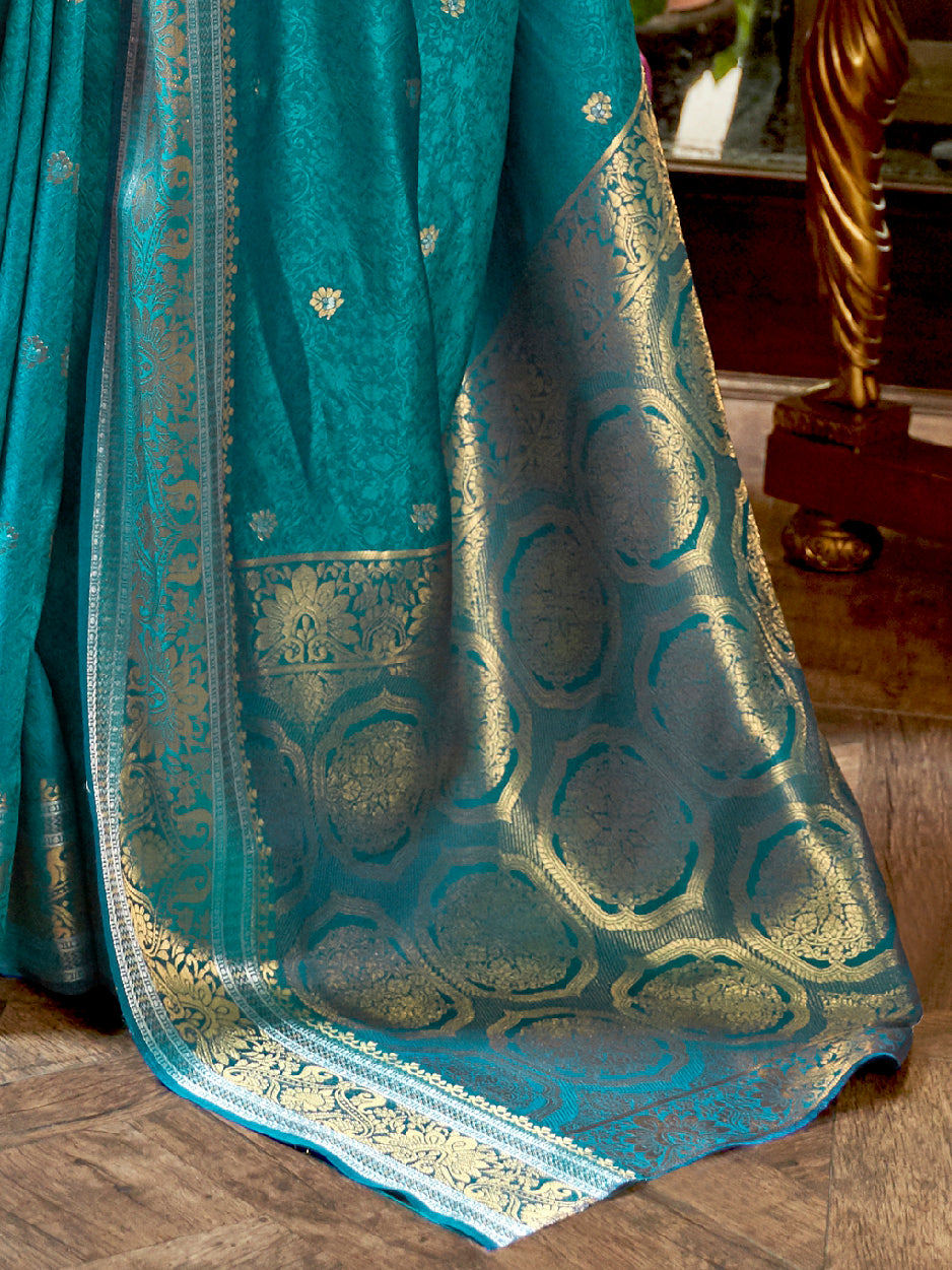 TEAL BLUE KALLAVI SILK