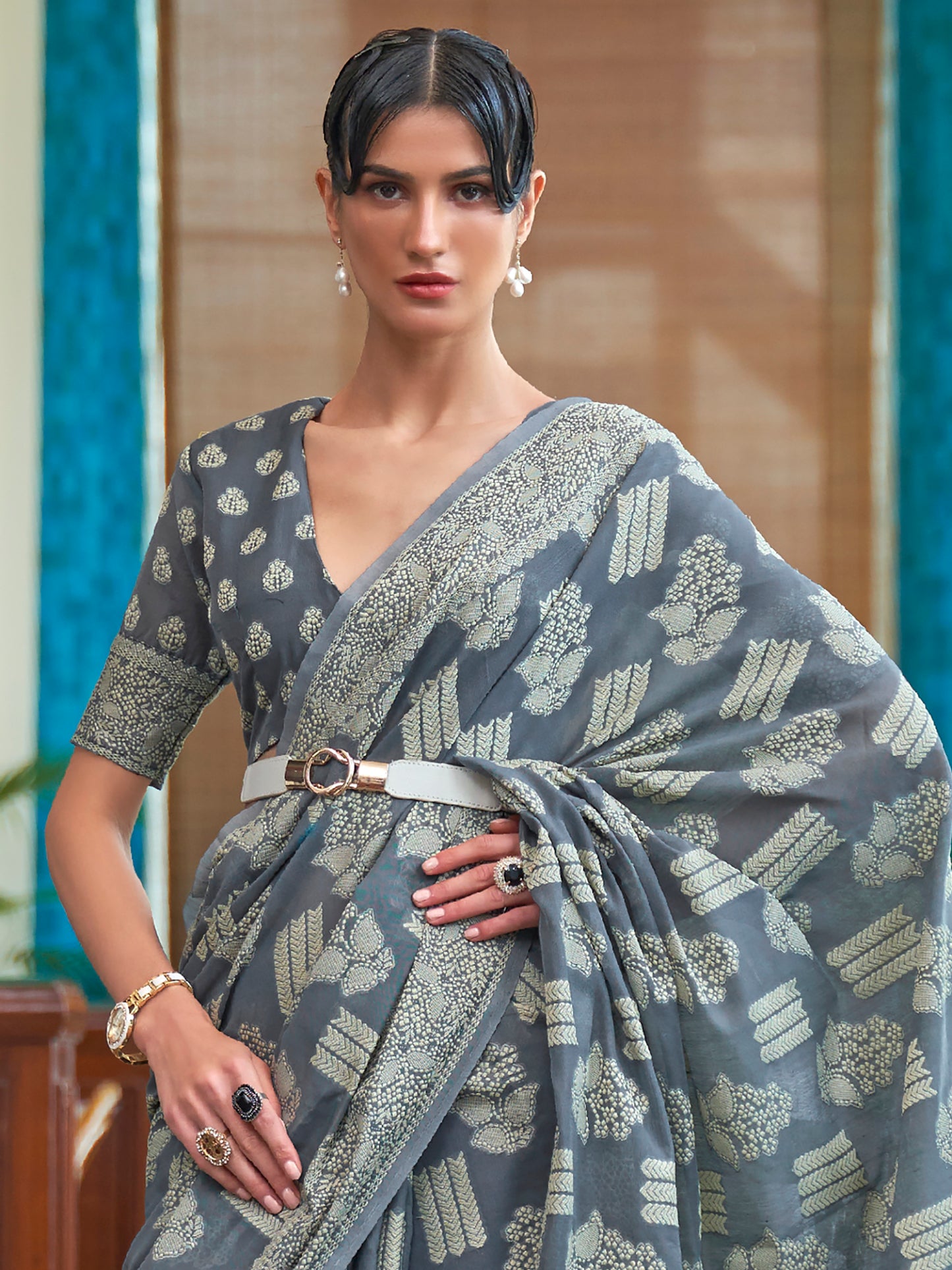 CHARCOAL GREY KARIMA LUCKNOWI COTTON